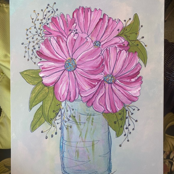 Floral Mixed Media Art with Pink Blooms 18 X 24 inches. Ready to hang - Picture 8 of 8